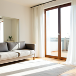 **Prompt:** Bright, airy living room interior. Sheer white curtains billowing at a large window. Sunlight streaming in, reflecting off a strategically placed large mirror opposite the window. Light-colored walls, minimal clutter. Soft, diffused lighting.