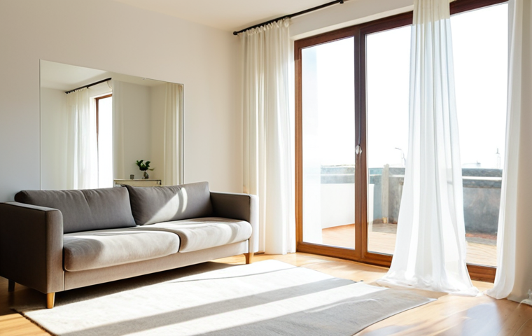 **Prompt:** Bright, airy living room interior. Sheer white curtains billowing at a large window. Sunlight streaming in, reflecting off a strategically placed large mirror opposite the window. Light-colored walls, minimal clutter. Soft, diffused lighting.