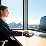 A focused professional woman, fully clothed in a modest business suit, seated at a sleek wooden desk in a modern, sun-drenched open-plan office. Large windows behind her showcase a clear sky and distant city skyline, filling the space with abundant natural light. She is looking at her computer screen, engaged in work, with a serene and concentrated expression. The environment conveys a sense of calm productivity and professional well-being. Perfect anatomy, natural pose, well-formed hands, correct proportions. Professional photography, high resolution, soft diffused light, appropriate content, safe for work, family-friendly.