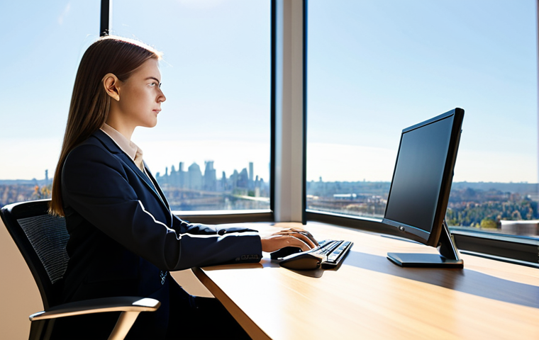 A focused professional woman, fully clothed in a modest business suit, seated at a sleek wooden desk in a modern, sun-drenched open-plan office. Large windows behind her showcase a clear sky and distant city skyline, filling the space with abundant natural light. She is looking at her computer screen, engaged in work, with a serene and concentrated expression. The environment conveys a sense of calm productivity and professional well-being. Perfect anatomy, natural pose, well-formed hands, correct proportions. Professional photography, high resolution, soft diffused light, appropriate content, safe for work, family-friendly.