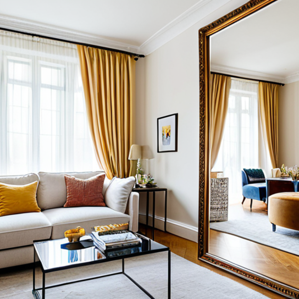 자연광을 활용한 휴식 공간 만들기 - Bright Living Room with Mirror Reflection**
"A sunny living room, fully clothed, featuring a large ...