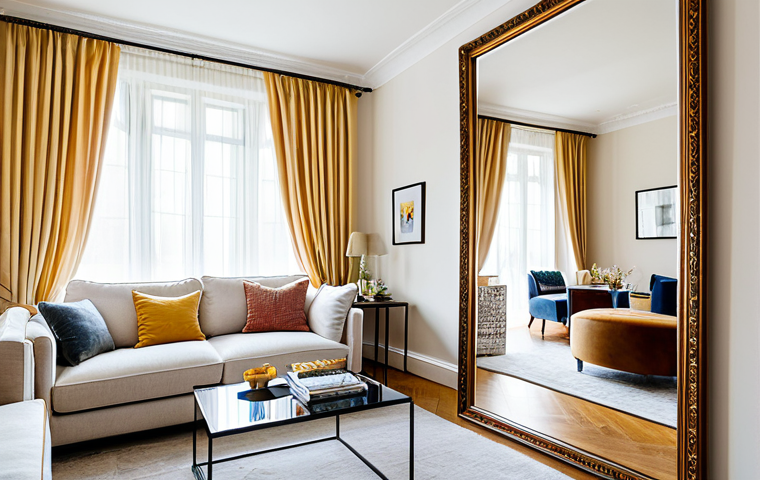 자연광을 활용한 휴식 공간 만들기 - Bright Living Room with Mirror Reflection**

"A sunny living room, fully clothed, featuring a large ...