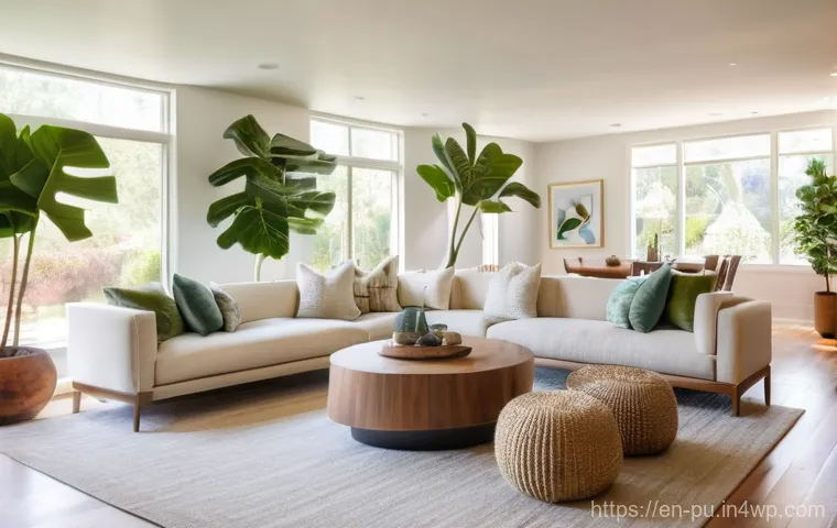 자연광을 최대한 활용하는 집 설계법 - An expansive, open-concept living room bathed in abundant natural light. Large, south-facing windows...