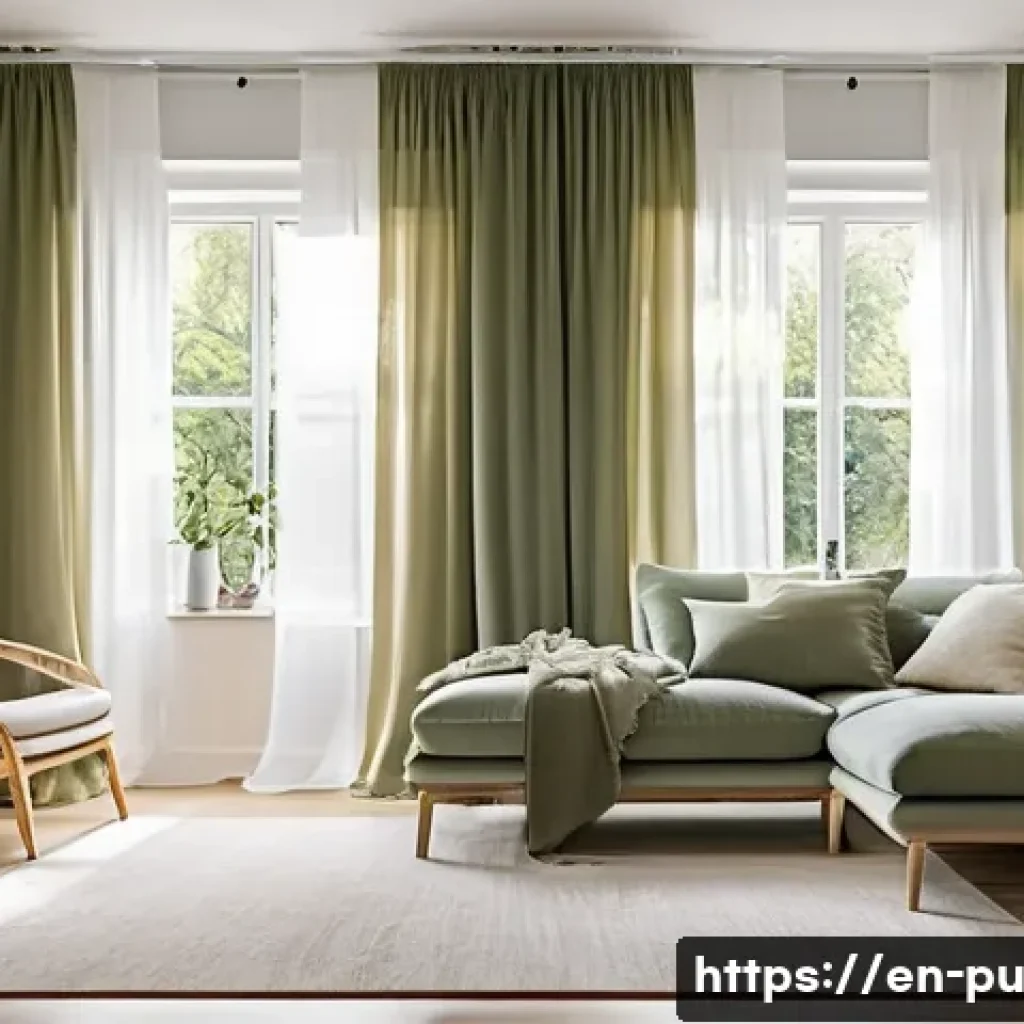 자연광을 위한 커튼 선택 가이드 - A bright, modern living room featuring large windows dressed with sheer voile curtains that softly d...