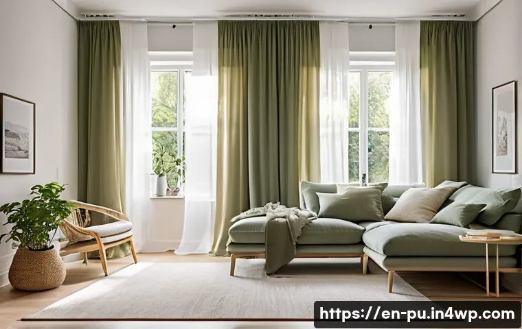 자연광을 위한 커튼 선택 가이드 - A bright, modern living room featuring large windows dressed with sheer voile curtains that softly d...
