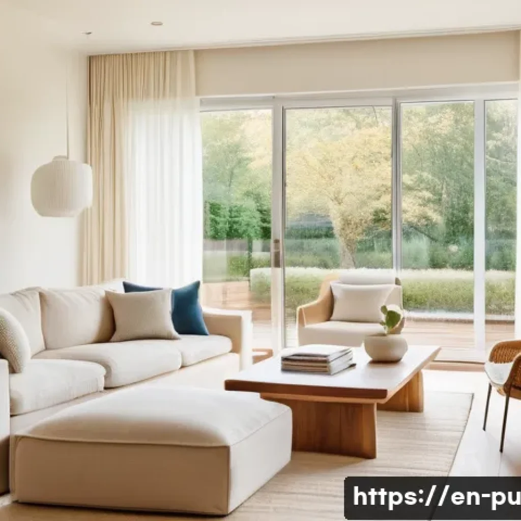 자연광을 통한 효과적인 공간 활용법 - A bright, modern living room bathed in warm afternoon sunlight, featuring low-profile furniture near...