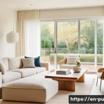 Home 21 자연광을 통한 효과적인 공간 활용법 - A bright, modern living room bathed in warm afternoon sunlight, featuring low-profile furniture near...