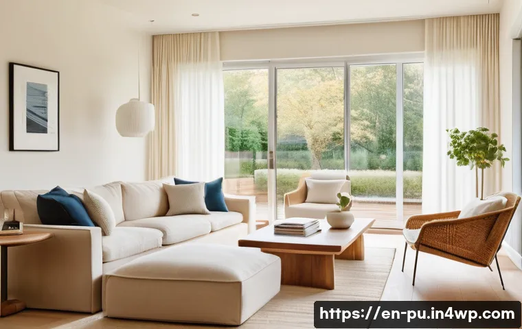 자연광을 통한 효과적인 공간 활용법 - A bright, modern living room bathed in warm afternoon sunlight, featuring low-profile furniture near...