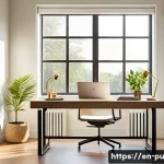 Home 19 자연광을 활용한 주거 공간의 심리학 - A bright, modern home office bathed in natural sunlight streaming through large east-facing windows,...