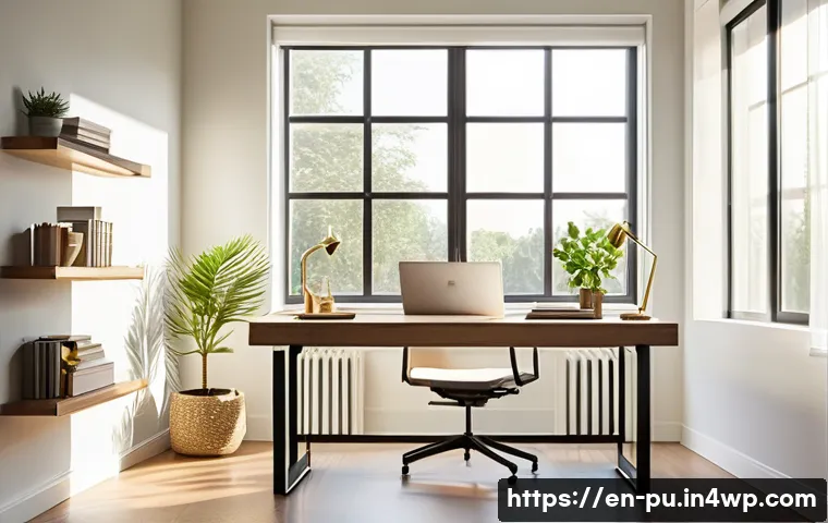 자연광을 활용한 주거 공간의 심리학 - A bright, modern home office bathed in natural sunlight streaming through large east-facing windows,...