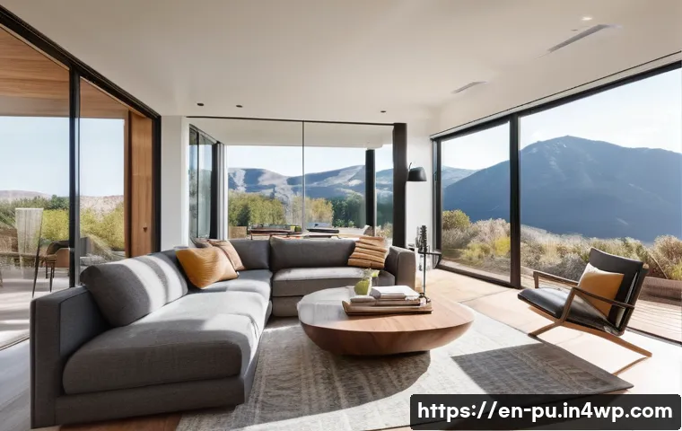 자연광이 풍부한 주거 공간 만들기 - A modern, sunlit living room featuring large south-facing windows with energy-efficient glazing, bal...