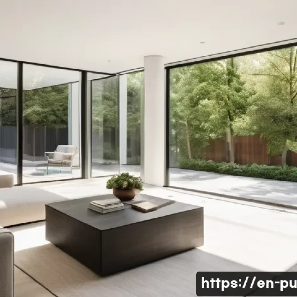 자연광 활용을 위한 조명 디자인 아이디어 - A modern living room interior featuring large south-facing windows with adjustable overhangs casting...