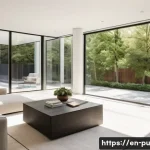 Home 23 자연광 활용을 위한 조명 디자인 아이디어 - A modern living room interior featuring large south-facing windows with adjustable overhangs casting...