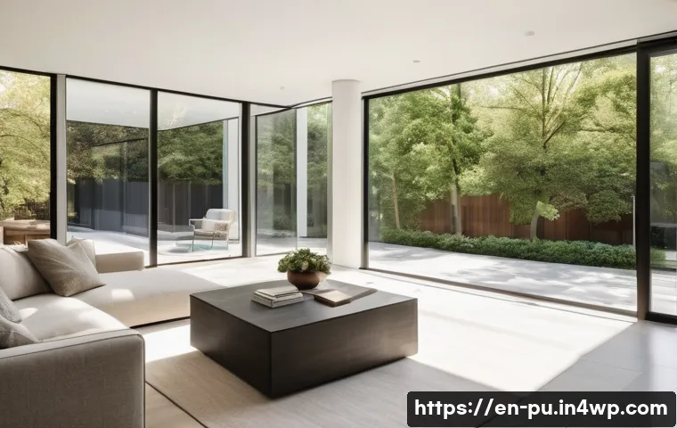 자연광 활용을 위한 조명 디자인 아이디어 - A modern living room interior featuring large south-facing windows with adjustable overhangs casting...