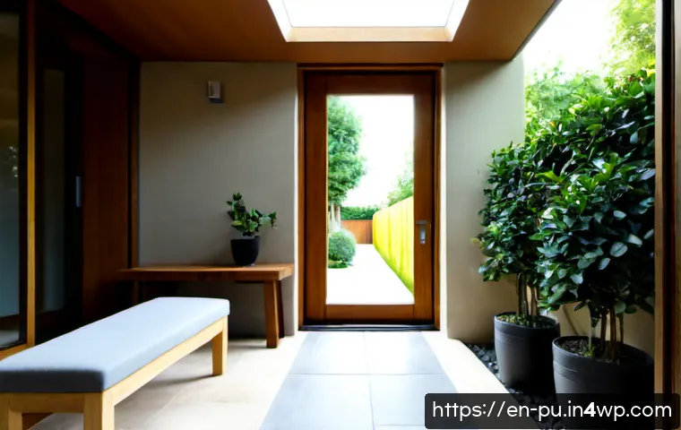 Home 13 자연광을 활용한 출입구 디자인 아이디어 - Photorealistic modern home entrance designed around abundant natural light, floor-to-ceiling sidelig...