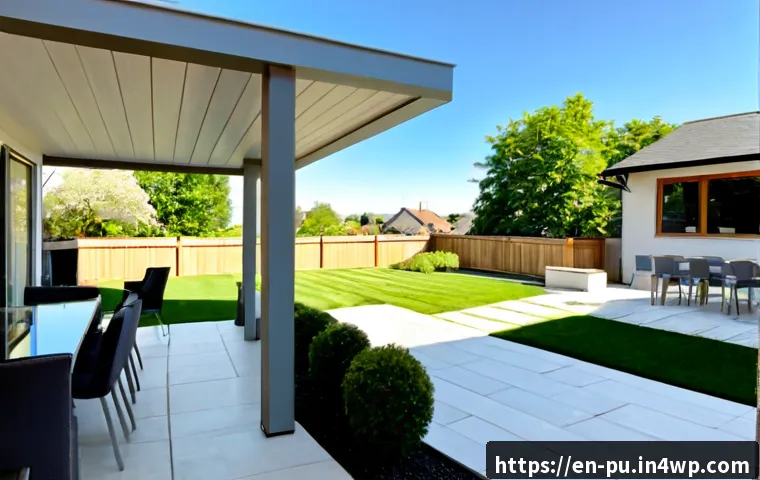 Home 15 자연광을 위한 외부 공간 디자인 아이디어 - Photorealistic suburban backyard redesigned to maximize natural daylight, wide-angle view from a cov...